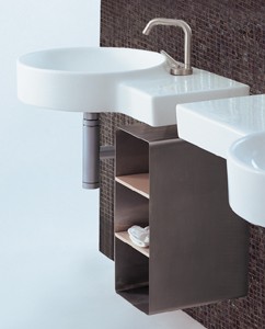 Flame 1 Faucet Hole Round Wall Hung Basin With Shelf Unit. 635 x 490mm.