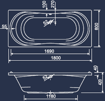 Additional image for Double Ended Turbo Whirlpool Bath. 14 Jets. 1800x800mm.