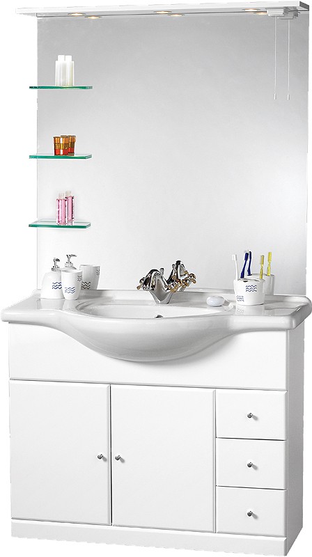 Additional image for 1050mm Contour Vanity Unit with ceramic basin, mirror and shelves.