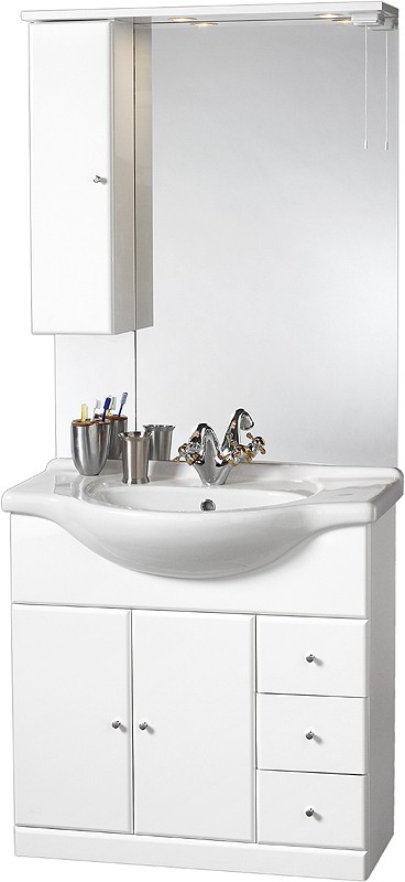 Additional image for 850mm Contour Vanity Unit with ceramic basin, mirror and cabinet.