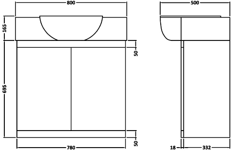 Additional image for Vanity Unit With Ceramic Basin (White). 800x695x500mm.