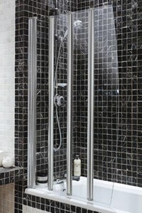 Coram Screens Silver frameless folding bath screen with 4 panels.