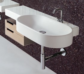 Flame 1 Faucet Hole Long Oval Wall Hung Basin With Drawer Unit. 1130 x 500mm.