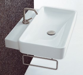 Flame 1 Faucet Hole Rectangle Wall Hung Basin With Rail. 690x500mm.
