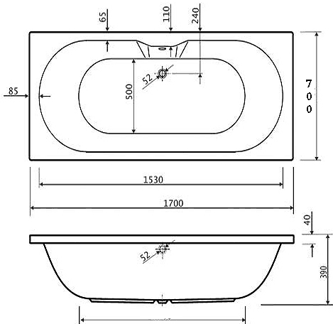 Additional image for Double Ended Whirlpool Bath. 11 Jets. 1700x700mm.