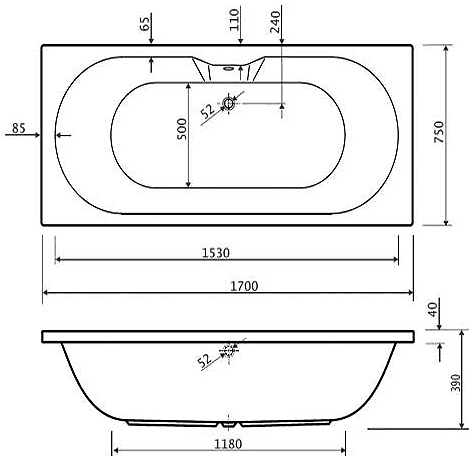 Additional image for Double Ended Whirlpool Bath. 6 Jets. 1700x750mm.