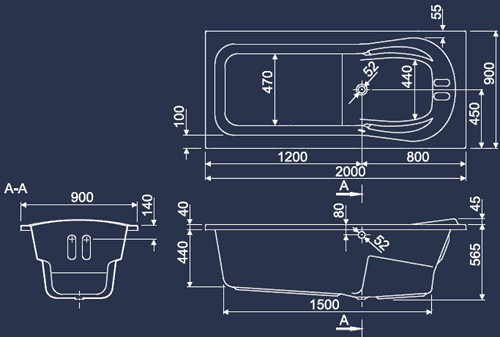 Additional image for Large Whirlpool Bath. 14 Jets. 2000x900mm.