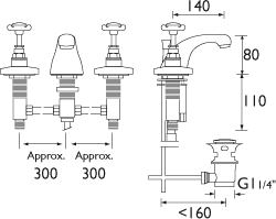 Additional image for Three Hole Basin Mixer Faucet & Pop Up Waste, Chrome Plated.