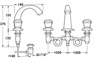 Additional image for 3 Hole Basin Mixer Faucet With Pop Up Waste (Gold).