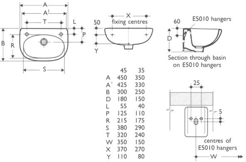 Additional image for 2 Faucet Hole Wall Hung Basin With Hangers 455mm.