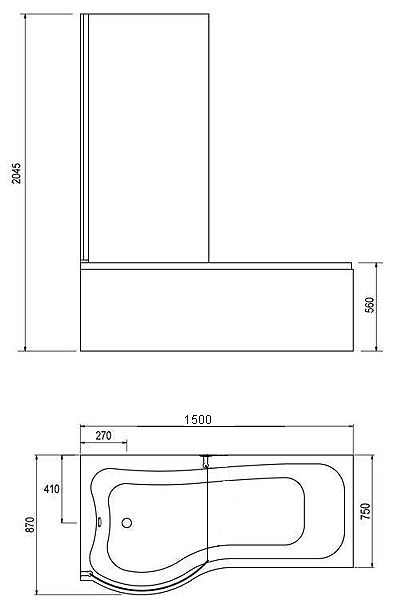 Additional image for Complete Shower Bath With Screen & Door (Left Hand). 1500x750mm.