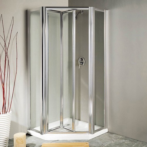 Additional image for Pentagon Framed Shower Enclosure, Bi-Fold Door & Tray (Silver).