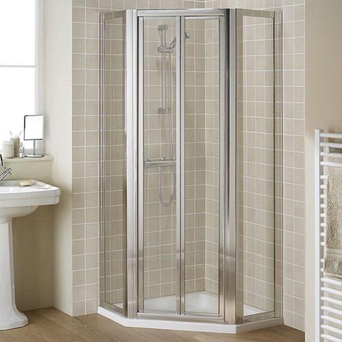 Additional image for Pentagon Framed Shower Enclosure, Bi-Fold Door & Tray (Silver).