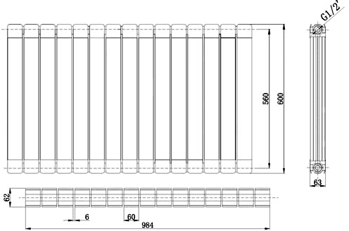 Additional image for Myrtle Horizontal Radiator (Black). 984x600mm. 5728 BTU.