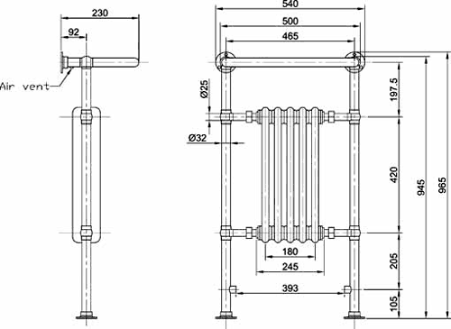 Additional image for Harrow Traditional Heated Towel Rail. 540x965mm. 1875 BTU.