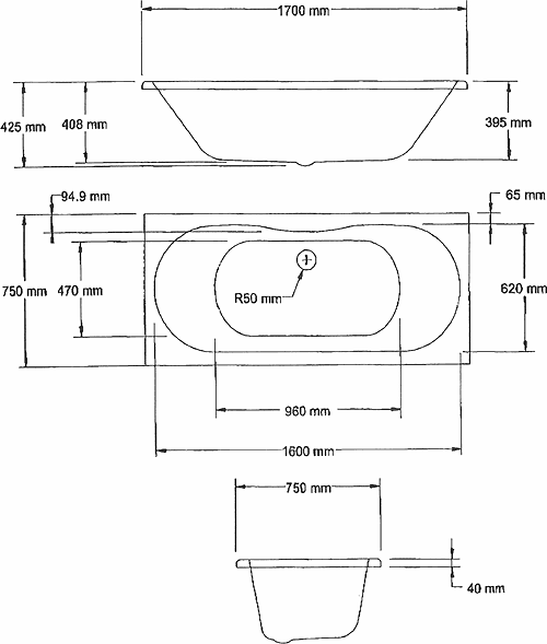 Additional image for White double ended bath. 1700 x 750mm. Legs included.