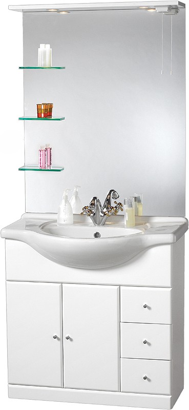 Additional image for 850mm Contour Vanity Unit with ceramic basin, mirror and shelves.