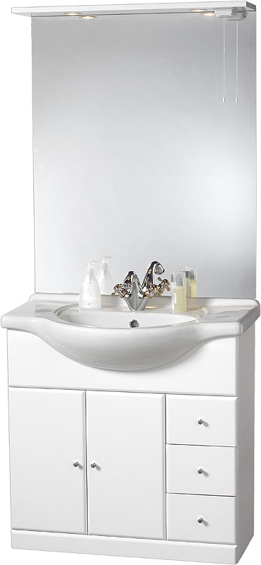 Additional image for 850mm Contour Vanity Unit with ceramic basin, mirror and lights.