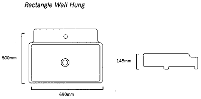 Additional image for 1 Faucet Hole Rectangle Wall Hung Basin With Rail. 690x500mm.