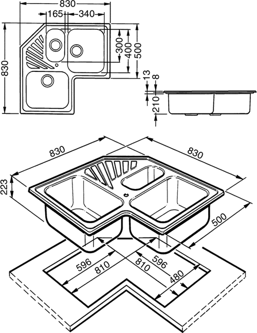 Additional image for 2.5 Bowl Stainless Steel Corner Inset Kitchen Sink.