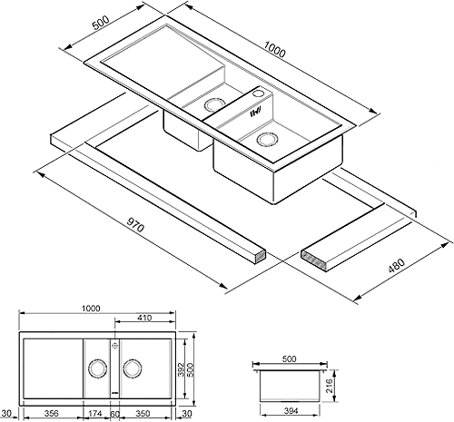 Additional image for 1.5 Bowl Low Profile Stainless Steel Sink, Right Hand Drainer.