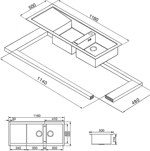 Additional image for 2.0 Bowl Stainless Steel Inset Kitchen Sink, Right Hand Drainer.