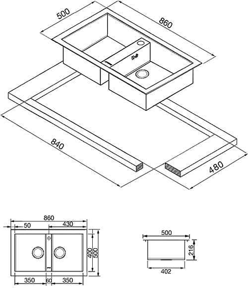 Additional image for 2.0 Bowl Stainless Steel, Low Profile Kitchen Sink.