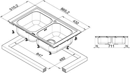 Additional image for 2.0 Bowl Stainless Steel Low Profile Inset Kitchen Sink.