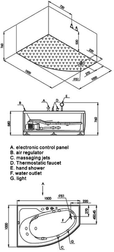 Additional image for Deluxe Whirlpool Bath.  Left Hand. 1500x1000mm.