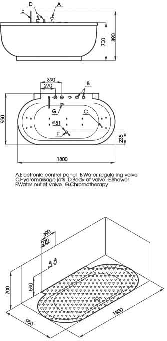 Additional image for Freestanding Back to Wall Whirlpool Bath. 1800x950mm.