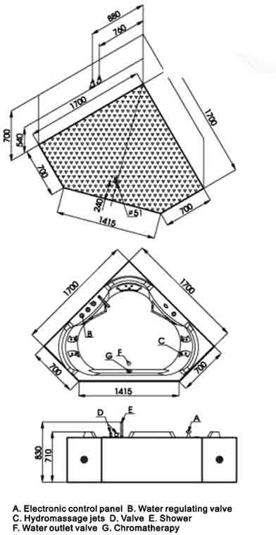 Additional image for Whirlpool Bath for 3 People with TV. 1700x1700mm.