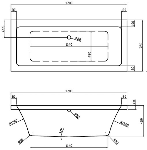 Additional image for Double Ended Acrylic Bath & White Panels. 1700x750mm