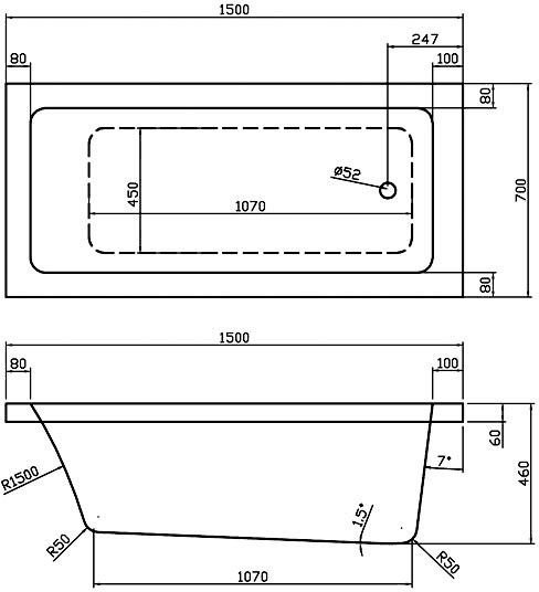 Additional image for Single Ended Acrylic Bath. 1500x700mm.