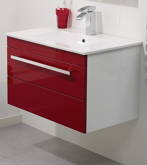 Additional image for Wall Hung Vanity Unit With Drawer & Basin (Red). 600x450mm.