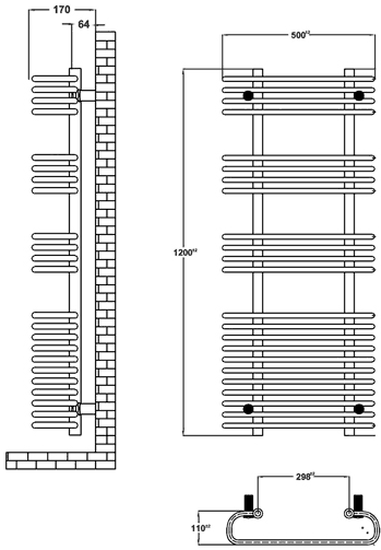 Additional image for Sway Heated Towel Rail (Chrome). 500x1200mm.