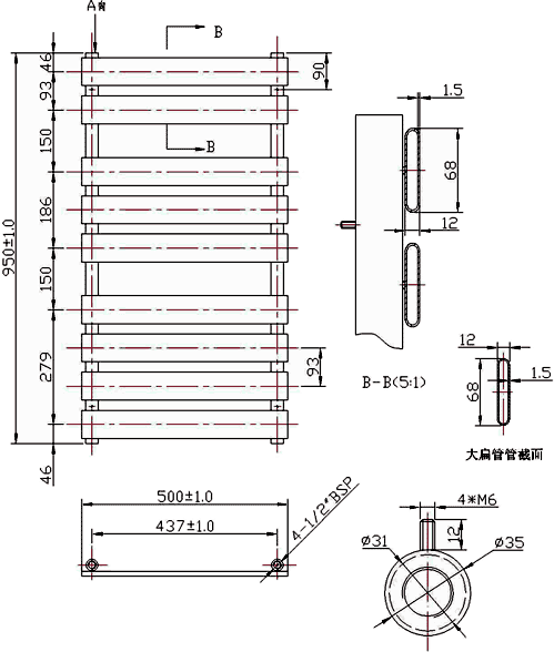 Additional image for Heated Towel Rail (Chrome). 500x950mm. 1078 BTU.