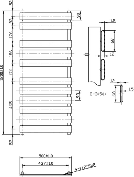 Additional image for Heated Towel Rail (Chrome). 500x1200mm. 1582 BTU.