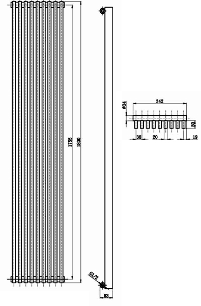 Additional image for Parallel Designer Radiator (Black). 342x1800mm.