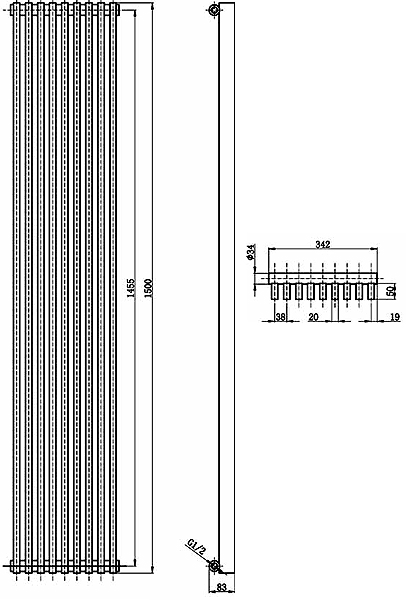 Additional image for Parallel Designer Radiator (Black). 342x1500mm.