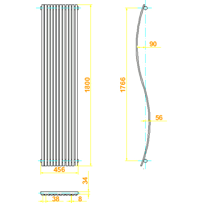 Additional image for Silver Pajero wave radiator. Size 1800 x 460mm. 4296 BTU.
