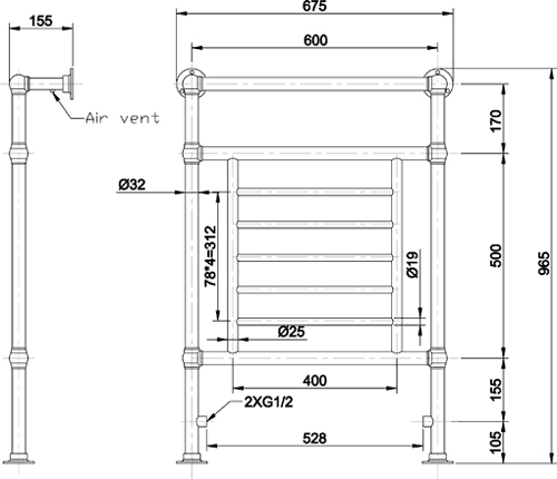 Additional image for Dorchester Heated Towel Rail (Chrome). 675x965mm.