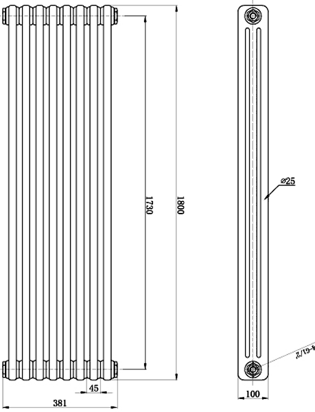 Additional image for 3 Column Vertical Radiator (White). 381x1800mm.