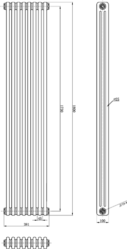 Additional image for Triple Column Radiator (Black). 381x1800mm.