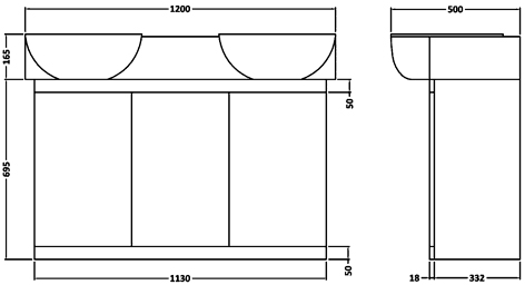 Additional image for Vanity Unit With Double Ceramic Basin (White). 1200x695x500mm.