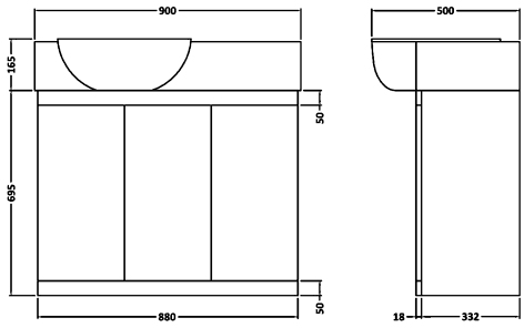 Additional image for Vanity Unit With Ceramic Basin (White). 900x695x500mm.