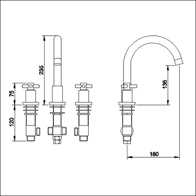 Additional image for 3 Faucet hole deck mounted bath filler with small swivel spout.