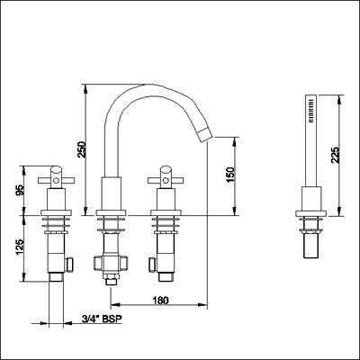 Additional image for 4 Faucet hole bath shower mixer with small swivel spout.