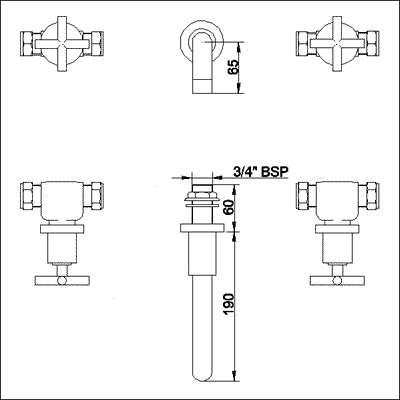 Additional image for 3 Faucet hole wall mounted bath filler with small spout.