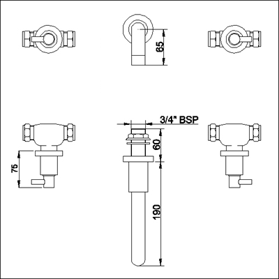 Additional image for 3 Faucet hole wall mounted bath filler with small spout.