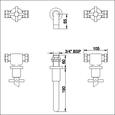Additional image for 3 Faucet hole wall mounted bath filler with small spout.